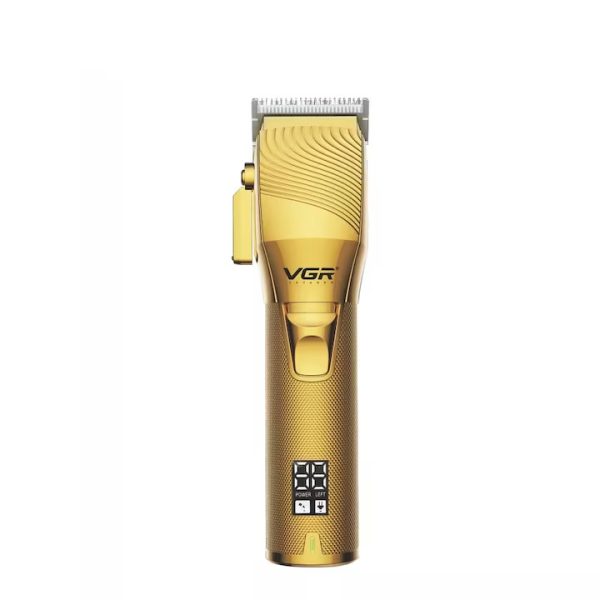 Машинка за подстригване VGR, Стоманено острие, LCD дисплей, 6 приставки, Кука за закачане, Златен
