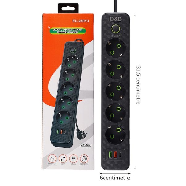 Разклонител , 220V, 5 гнезда, 3 USB порта, eu-2605u, Бял, 1.5м, 2500W, с ключ
